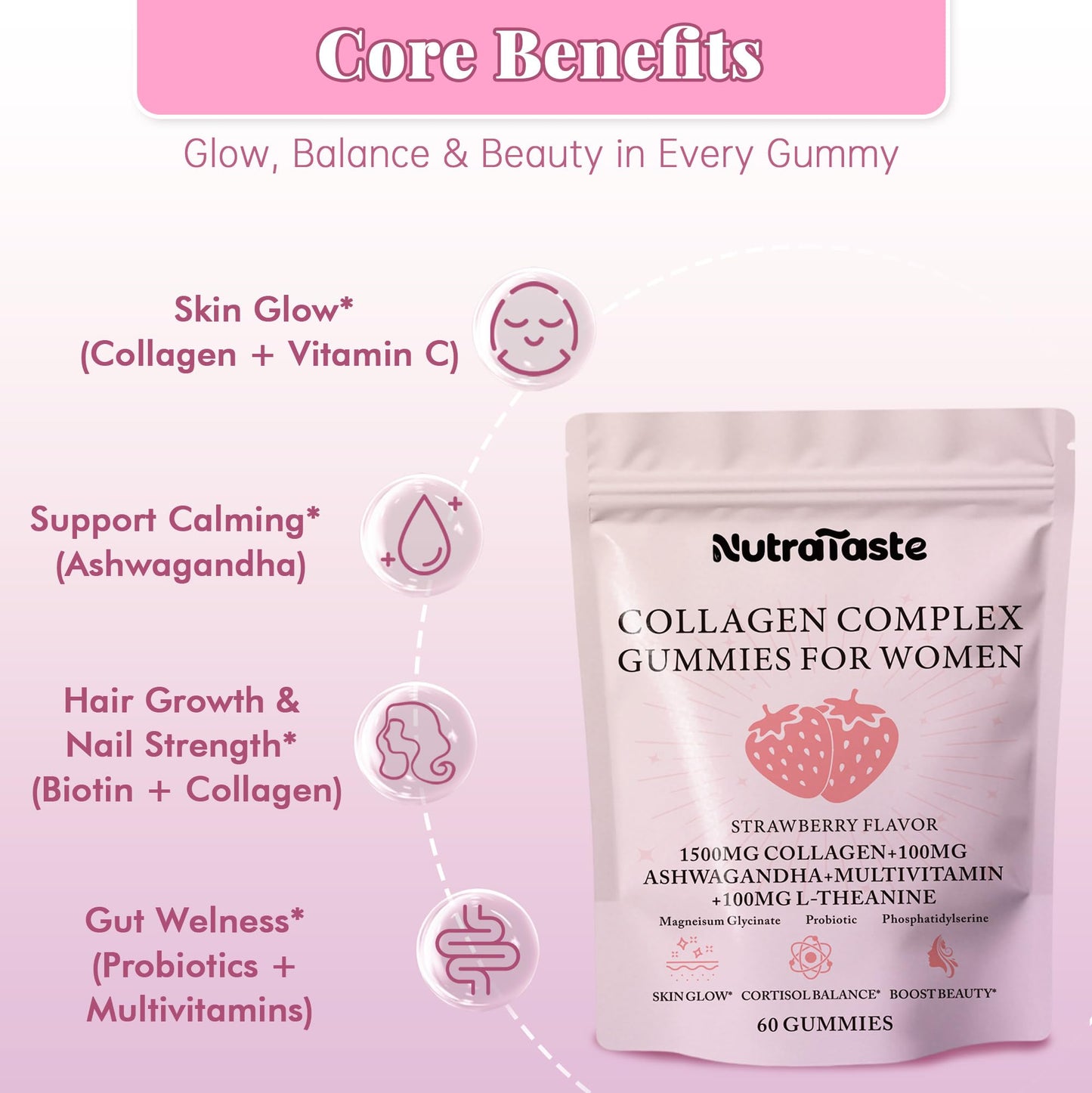 Collagen Gummies for Women - Strawberry | Biotin & Probiotics | 30 Servings