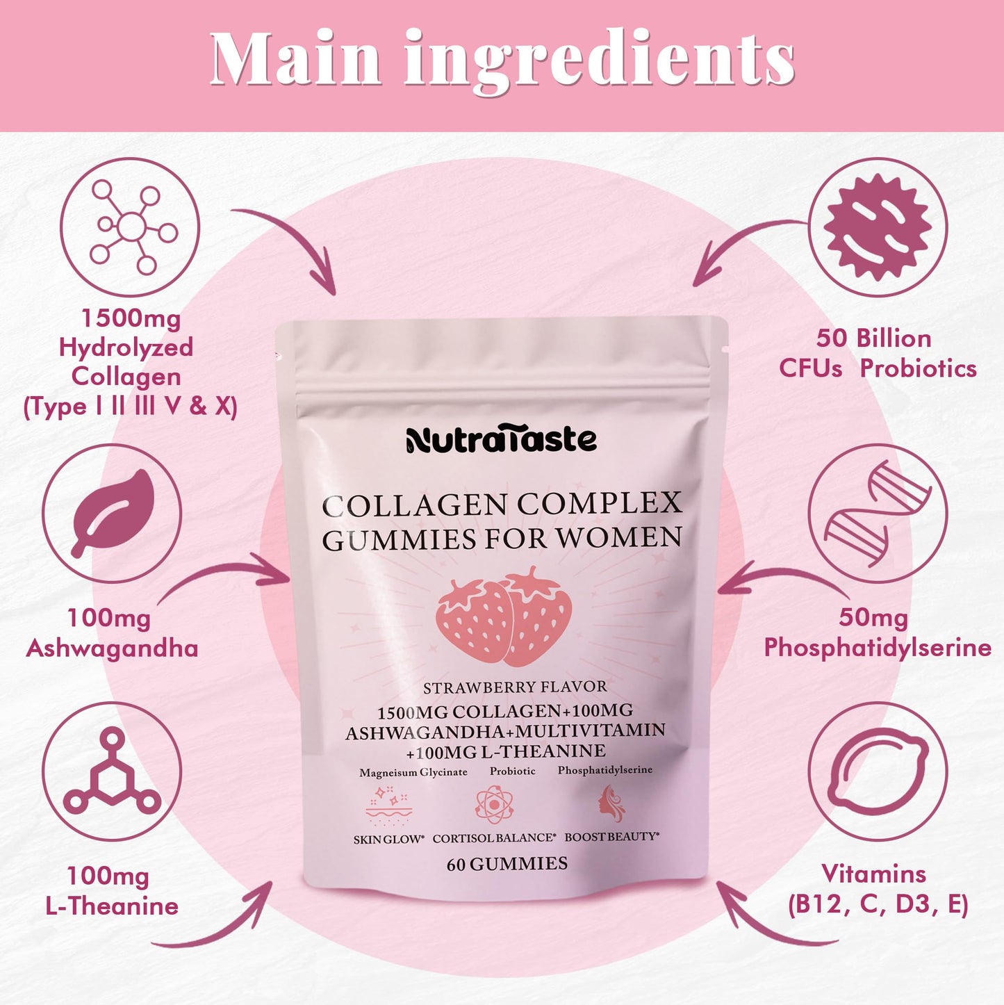 Collagen Gummies for Women - Strawberry | Biotin & Probiotics | 30 Servings