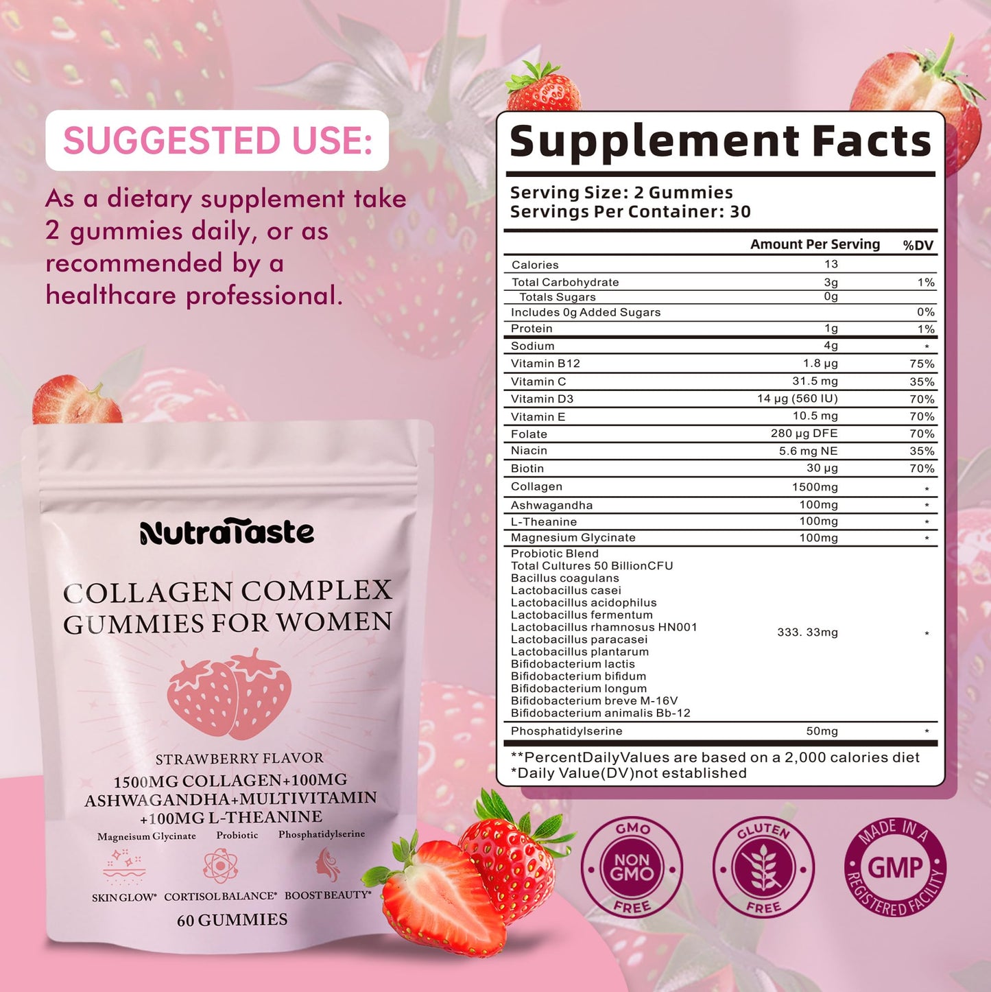 Collagen Gummies for Women - Strawberry | Biotin & Probiotics | 30 Servings