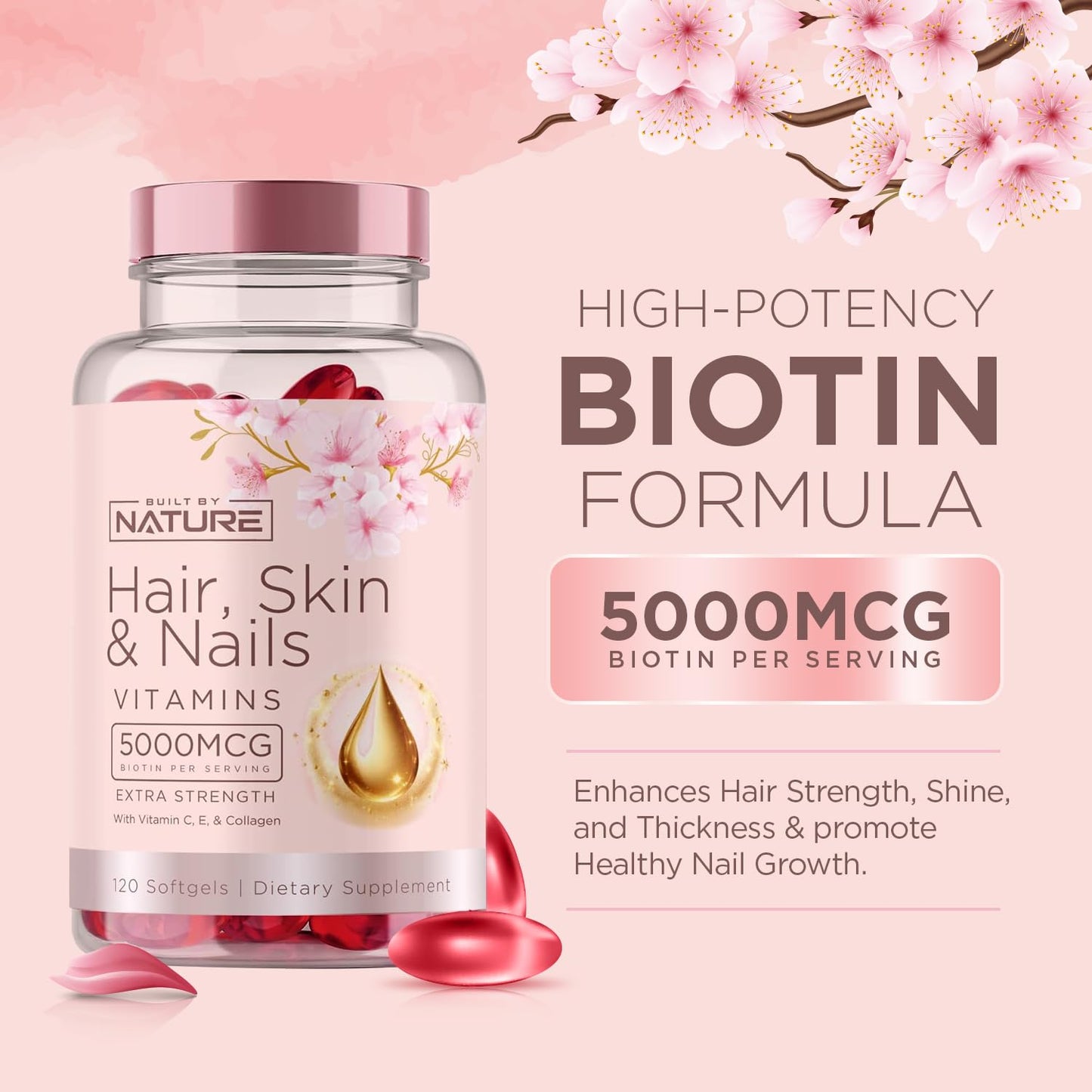 Hair Skin & Nails Vitamins 5000mcg Biotin with Collagen & Hyaluronic Acid – 120 Softgels