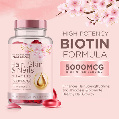 Hair Skin & Nails Vitamins 5000mcg Biotin with Collagen & Hyaluronic Acid – 120 Softgels