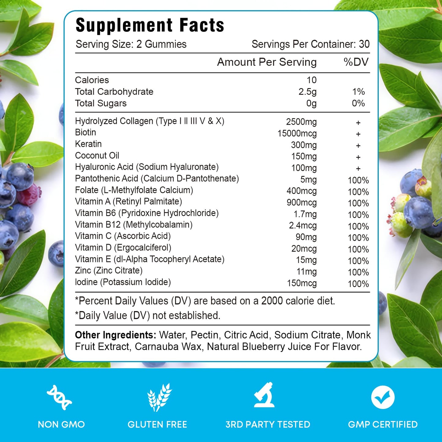 2 Pack Biotin Gummies with Collagen & Keratin for Hair Skin Nails - Women Men Kids - 120 Blueberry Flavored Gummies