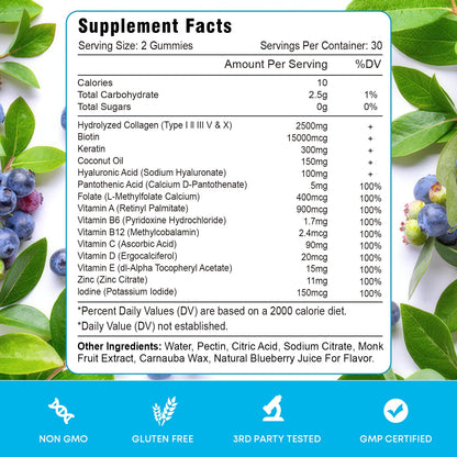 2 Pack Biotin Gummies with Collagen & Keratin for Hair Skin Nails - Women Men Kids - 120 Blueberry Flavored Gummies