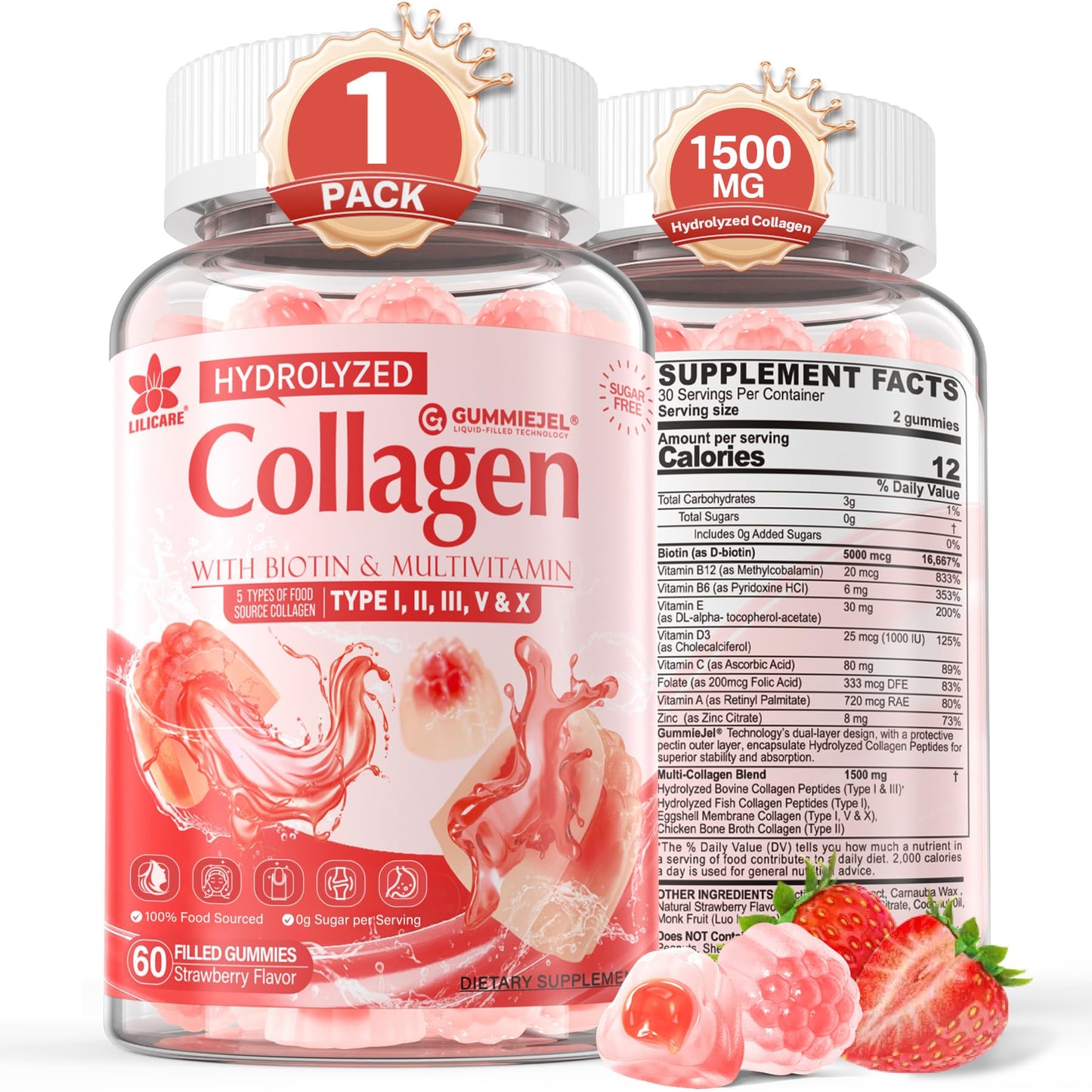 Collagen Peptide Gummies – Sugar-Free Multi-Collagen 1500mg | Biotin 5000mcg | Vitamins for Skin, Hair & Nails | 60 Gummies