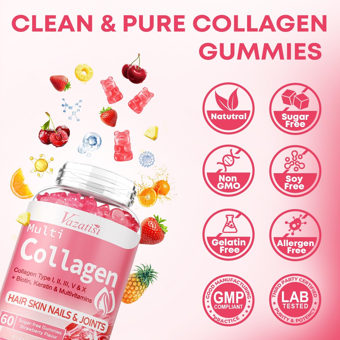 Collagen Peptide Gummies – Sugar Free for Hair, Skin, Nails (60 Count)