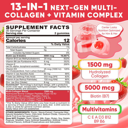 Collagen Peptide Gummies – Sugar-Free Multi-Collagen 1500mg | Biotin 5000mcg | Vitamins for Skin, Hair & Nails | 60 Gummies