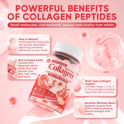 Collagen Peptide Gummies – Sugar-Free Multi-Collagen 1500mg | Biotin 5000mcg | Vitamins for Skin, Hair & Nails | 60 Gummies