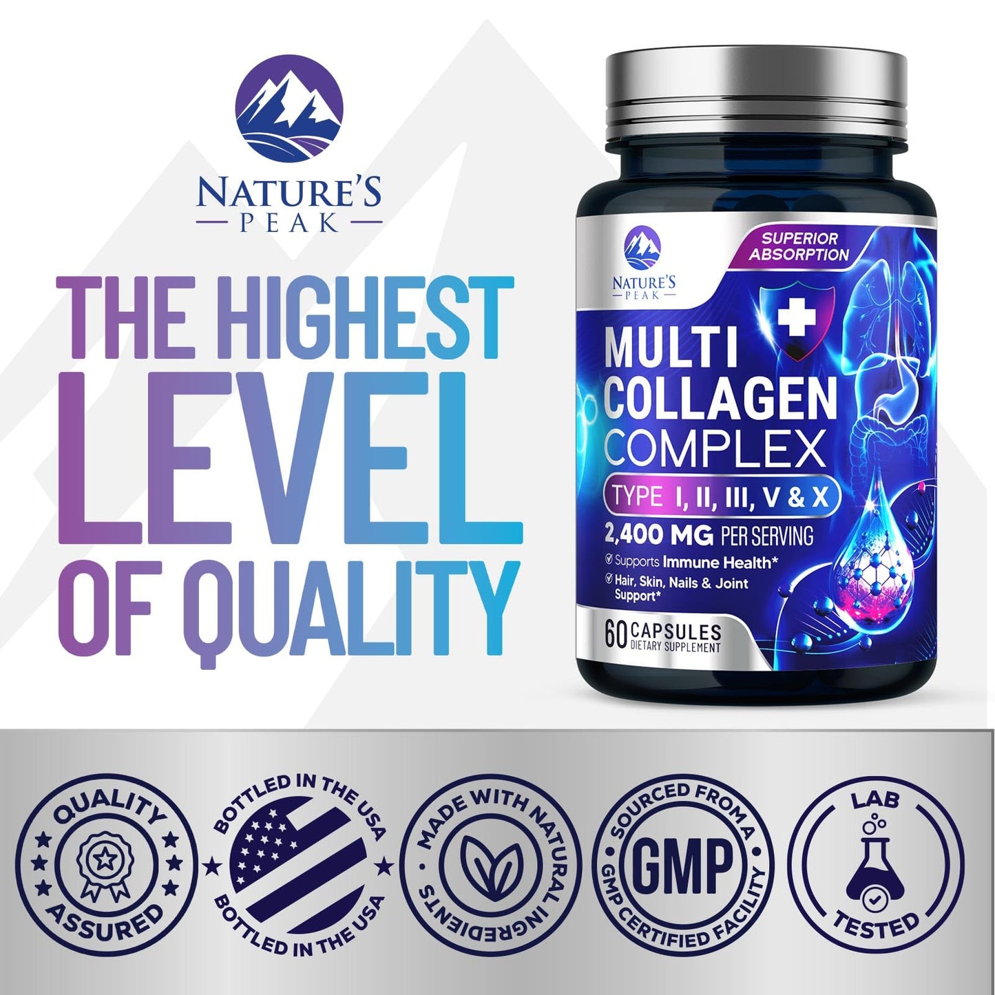 Multi Collagen Peptides – Hair, Skin, Nails | Types I, II, III, V, X | 60 Capsules