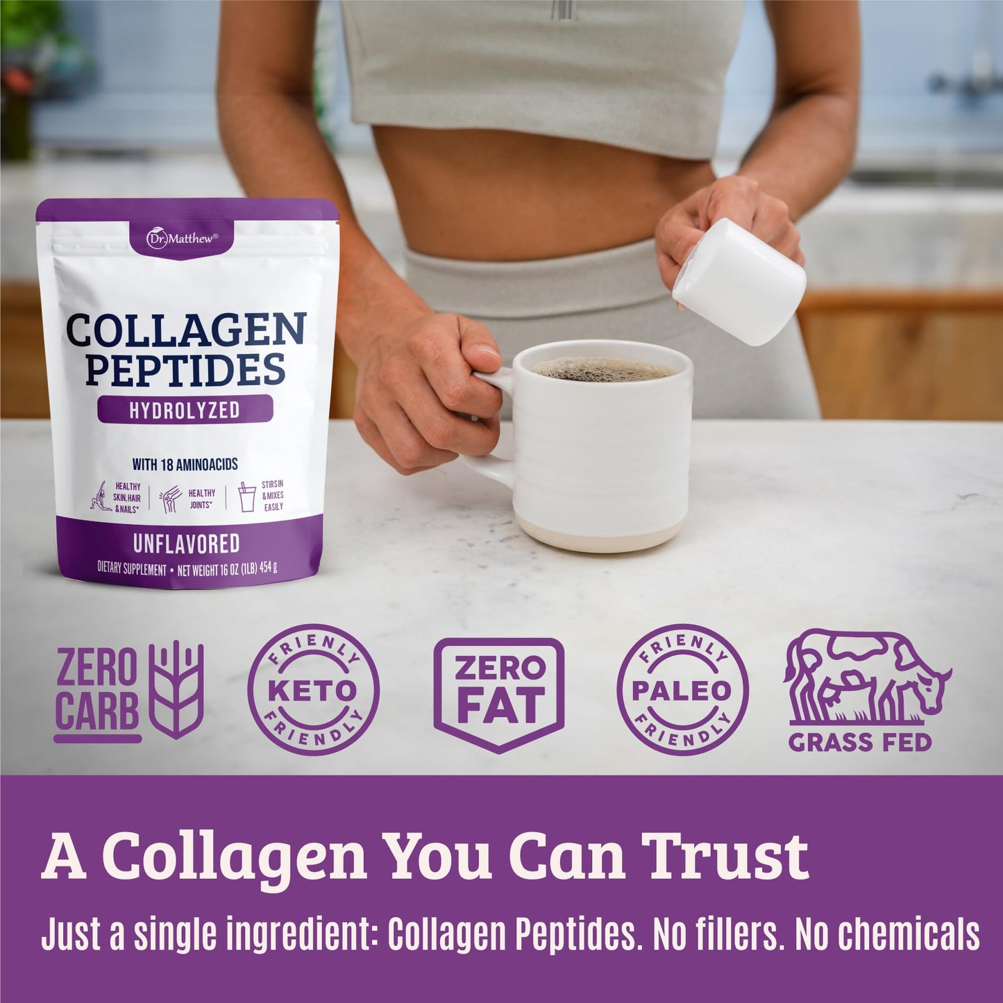 Dr. Matthew Hydrolyzed Collagen Peptides Powder – Unflavored, Grass-Fed, Type 1 & 3 (Hair, Skin, Joints)