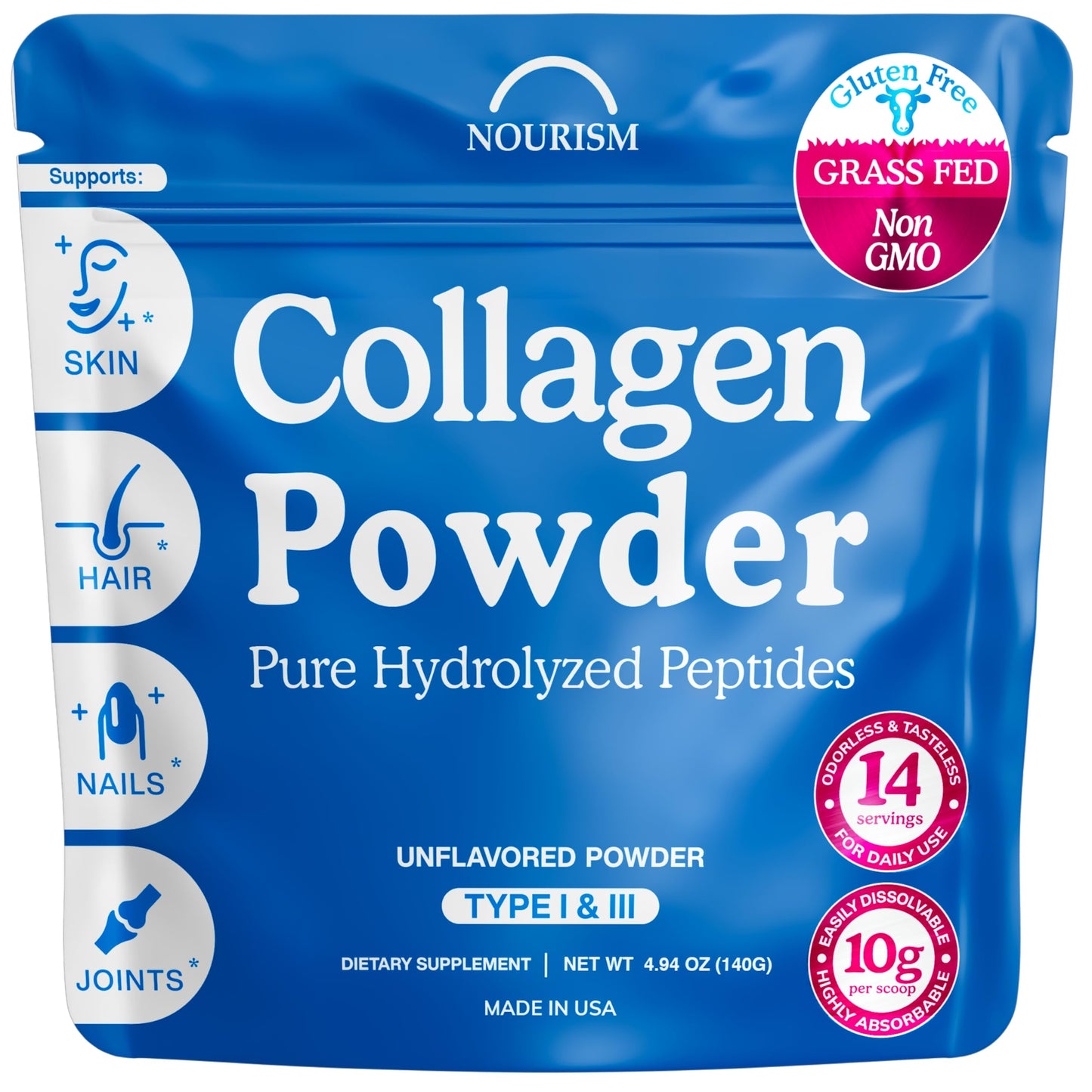 Collagen Peptides Powder – Grass-Fed, Hydrolyzed Type I & III, Unflavored (4.93 oz) – Hair, Skin, Nails & Joints
