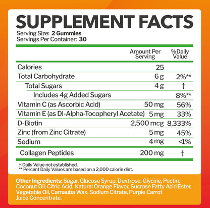 Collagen Peptides Gummies with Biotin, Vitamin C & E – Hair, Skin & Nails Support – Gluten-Free, Non-GMO | 60 Gummies
