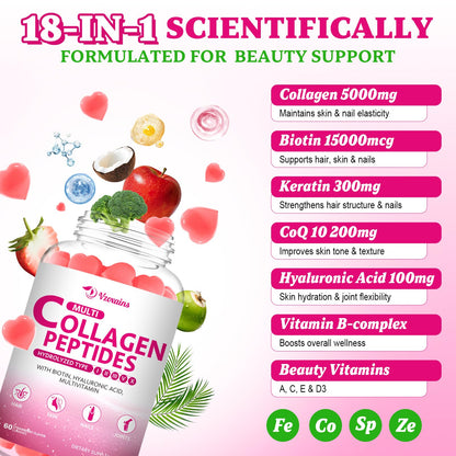Collagen Peptides Gummies 5000MG – Strawberry Sugar Free | Biotin, Hyaluronic Acid, Vitamin C (Types I–X)