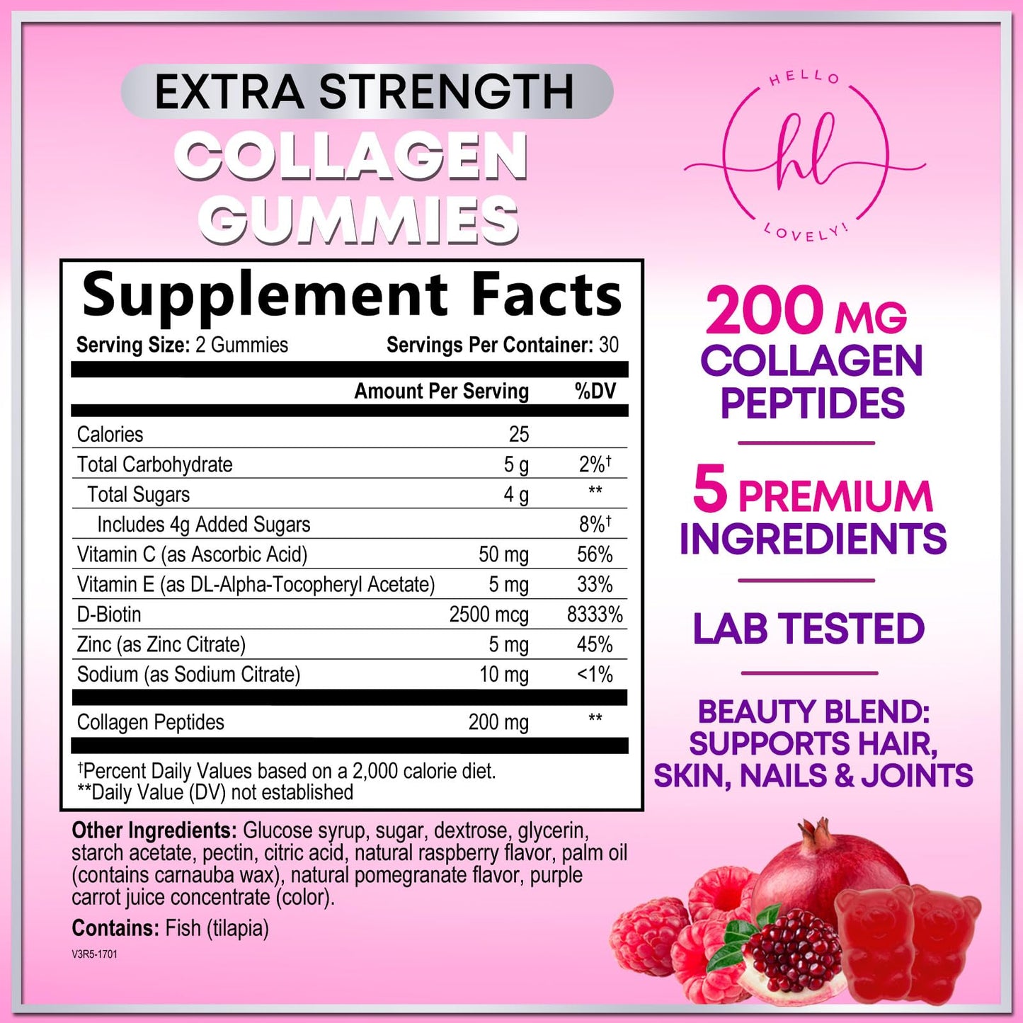 Collagen Peptides Gummies with Biotin 2500 mcg - Multi-Collagen Type I & III, Vitamin C & Zinc - 60 Gummies - Pomegranate