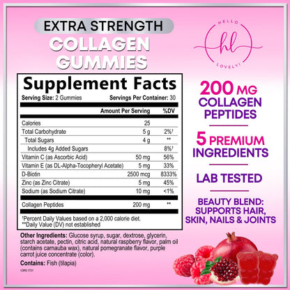 Collagen Peptides Gummies with Biotin 2500 mcg - Multi-Collagen Type I & III, Vitamin C & Zinc - 60 Gummies - Pomegranate