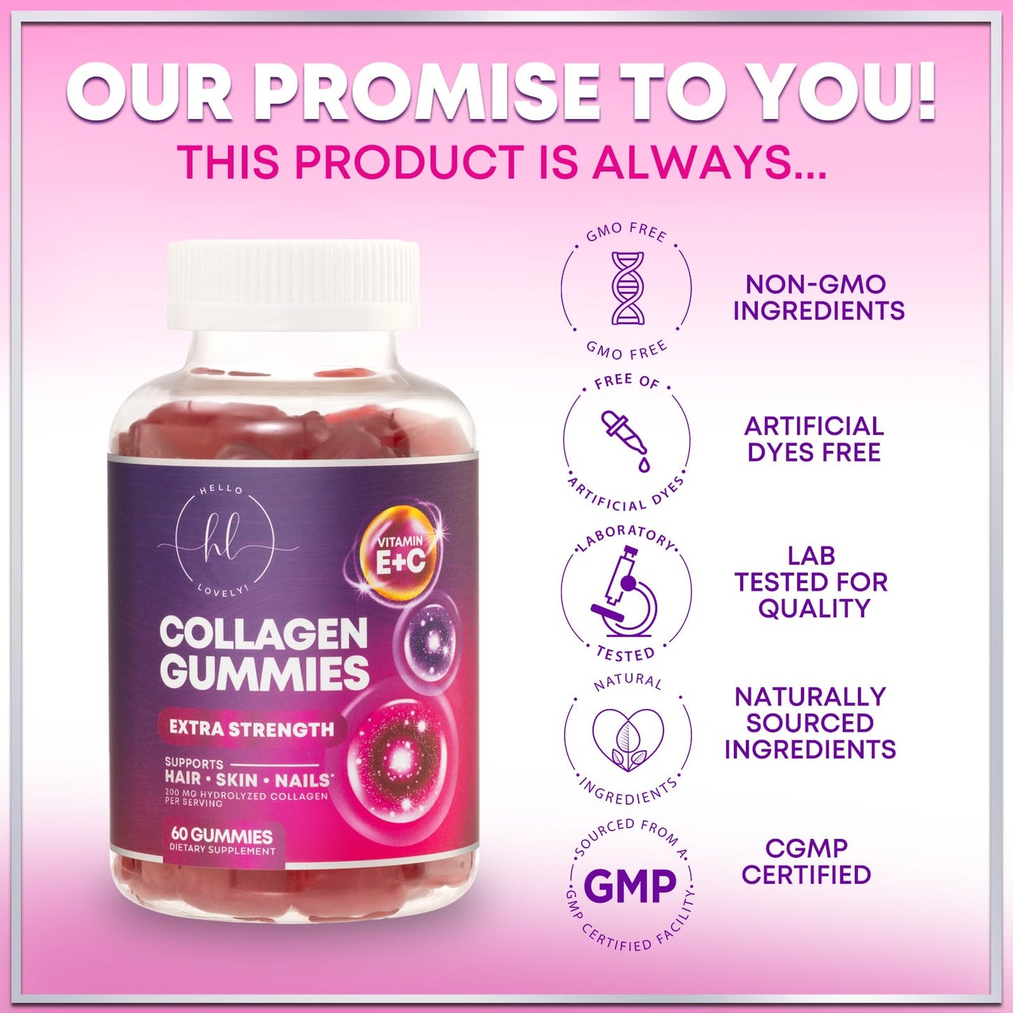 Collagen Peptides Gummies with Biotin 2500 mcg - Multi-Collagen Type I & III, Vitamin C & Zinc - 60 Gummies - Pomegranate