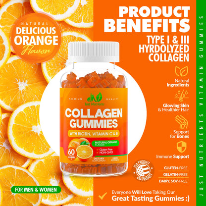Collagen Peptides Gummies with Biotin, Vitamin C & E – Hair, Skin & Nails Support – Gluten-Free, Non-GMO | 60 Gummies