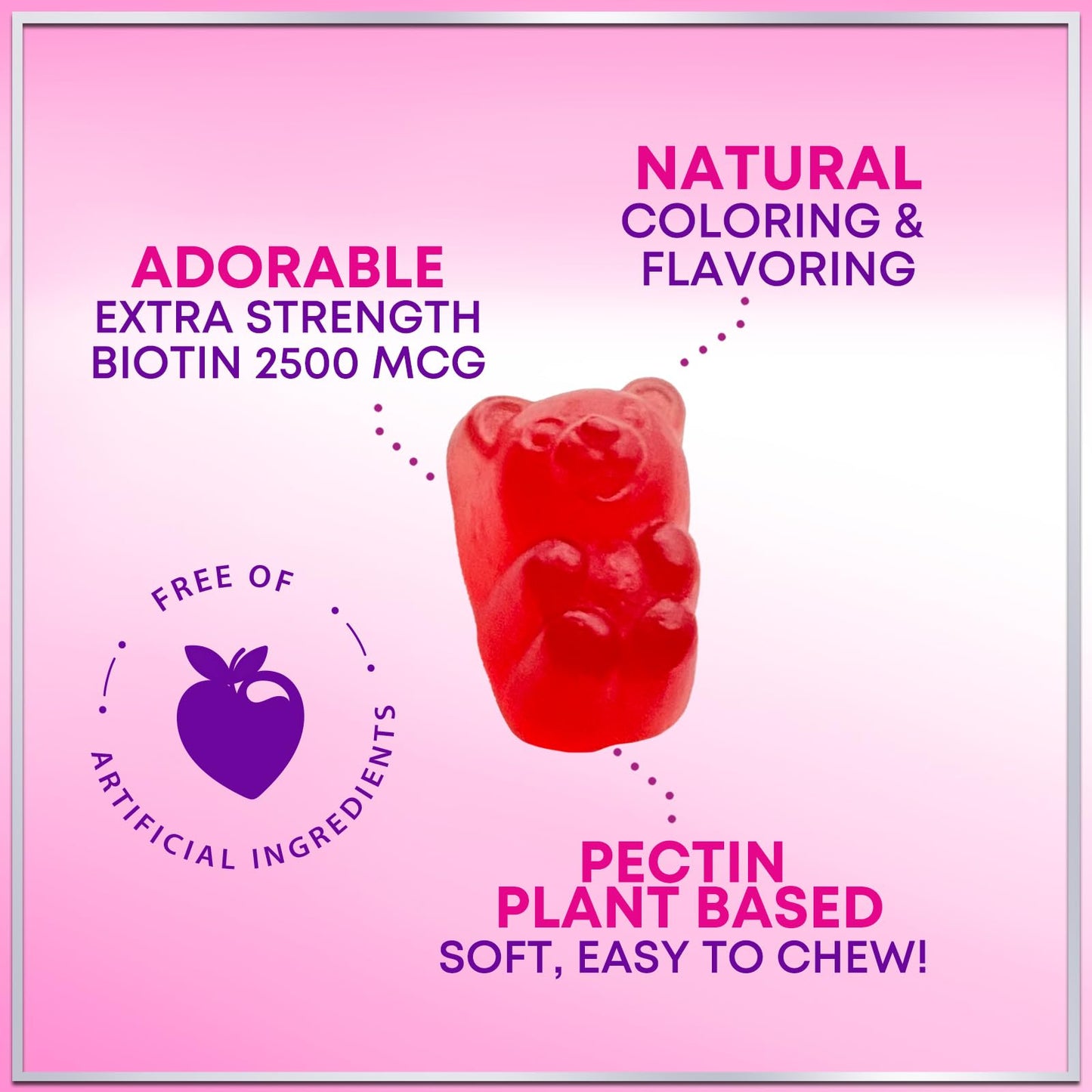 Collagen Peptides Gummies with Biotin 2500 mcg - Multi-Collagen Type I & III, Vitamin C & Zinc - 60 Gummies - Pomegranate