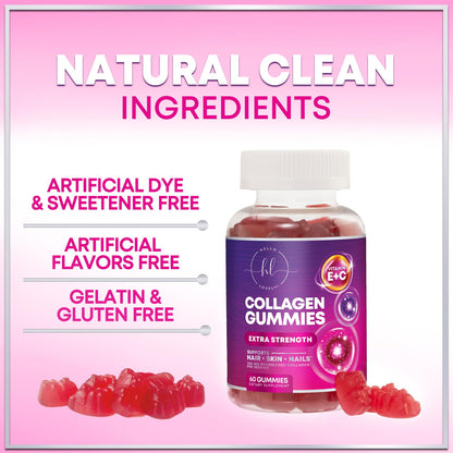 Collagen Peptides Gummies with Biotin 2500 mcg - Multi-Collagen Type I & III, Vitamin C & Zinc - 60 Gummies - Pomegranate