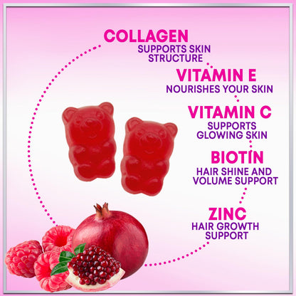 Collagen Peptides Gummies with Biotin 2500 mcg - Multi-Collagen Type I & III, Vitamin C & Zinc - 60 Gummies - Pomegranate