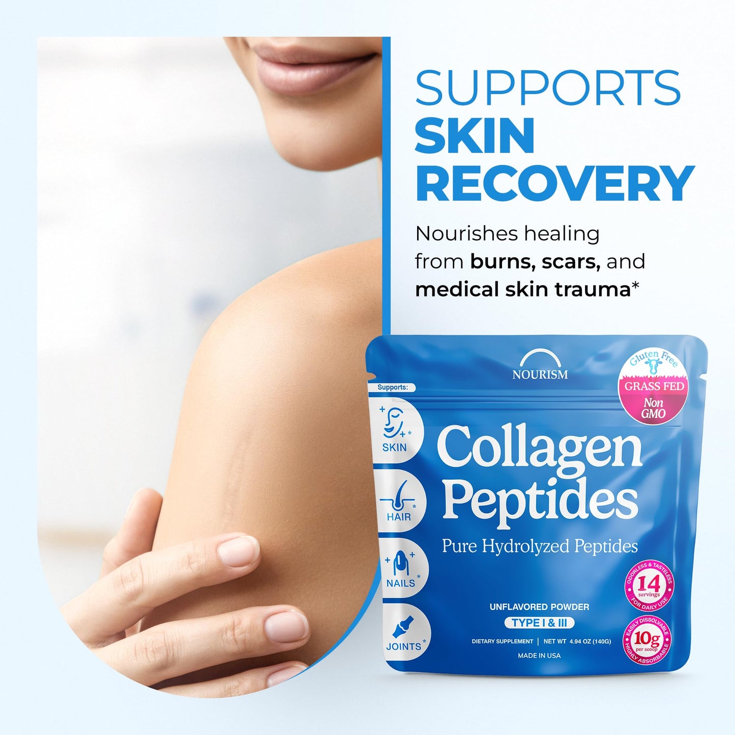 Collagen Peptides Powder – Grass-Fed, Hydrolyzed Type I & III, Unflavored (4.93 oz) – Hair, Skin, Nails & Joints