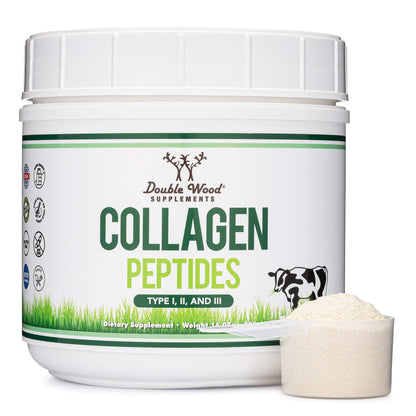 Collagen Peptides Powder - Hydrolyzed Multi-Type I/II/III | Grass-Fed Bovine | 16.08oz | Double Wood