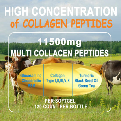 Collagen Peptides Softgels – Multi Collagen with Glucosamine, MSM, Biotin | Non-GMO