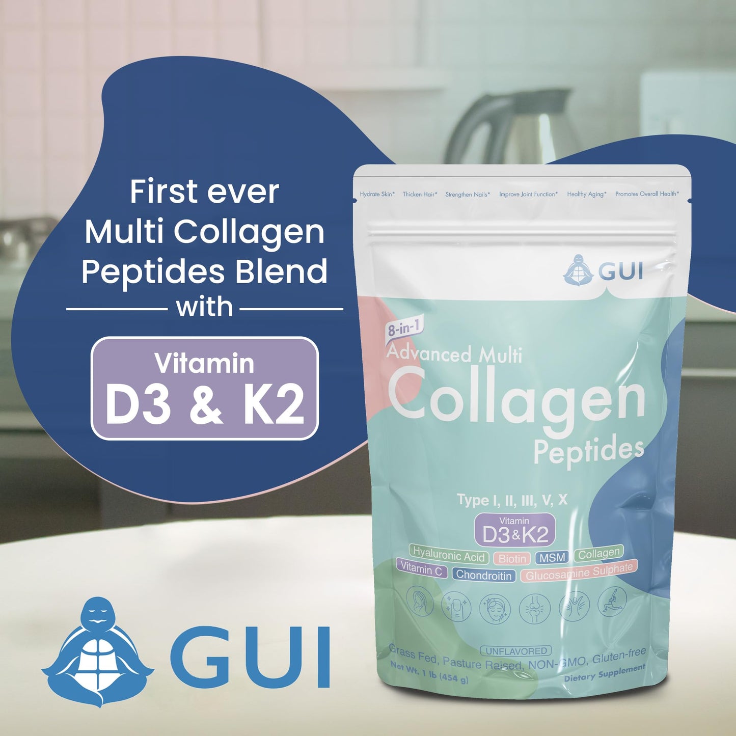 8in1 Advanced Multi Collagen Peptides 16oz – Hydrolyzed Type I/II/III/V/X Collagen + Vitamin D3 & K2