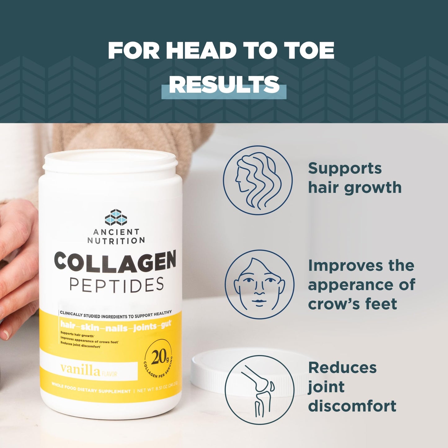 Ancient Nutrition Collagen Peptides Powder – Vanilla, 20g per Serving, 12 Servings | Skin, Joint & Gut Support | Keto & Paleo