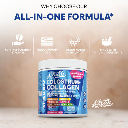 Bovine Colostrum Powder + Collagen Peptides with L-Glutamine – Gut Health Supplement | Clean Nutra