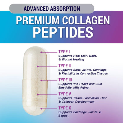 Multi Collagen Peptides – Hair, Skin, Nails | Types I, II, III, V, X | 60 Capsules