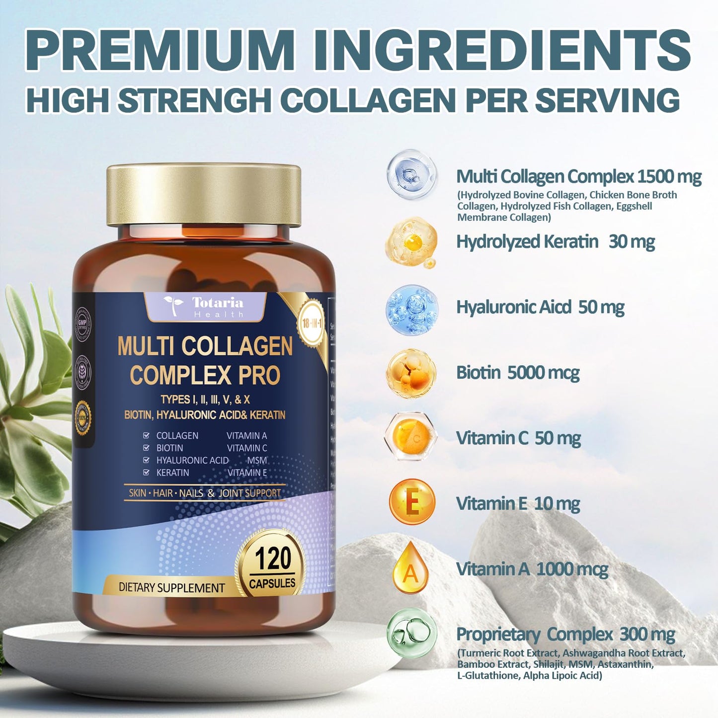18-in-1 Collagen Pro with Hyaluronic Acid – Multi Collagen Peptides 120 Caps