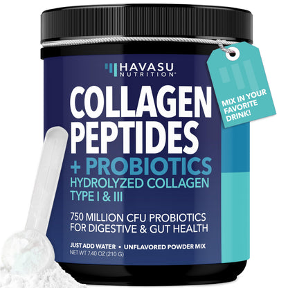 Collagen Peptides Powder with Probiotics | Grass-Fed Hydrolyzed Type I & III | Hair, Skin & Nails