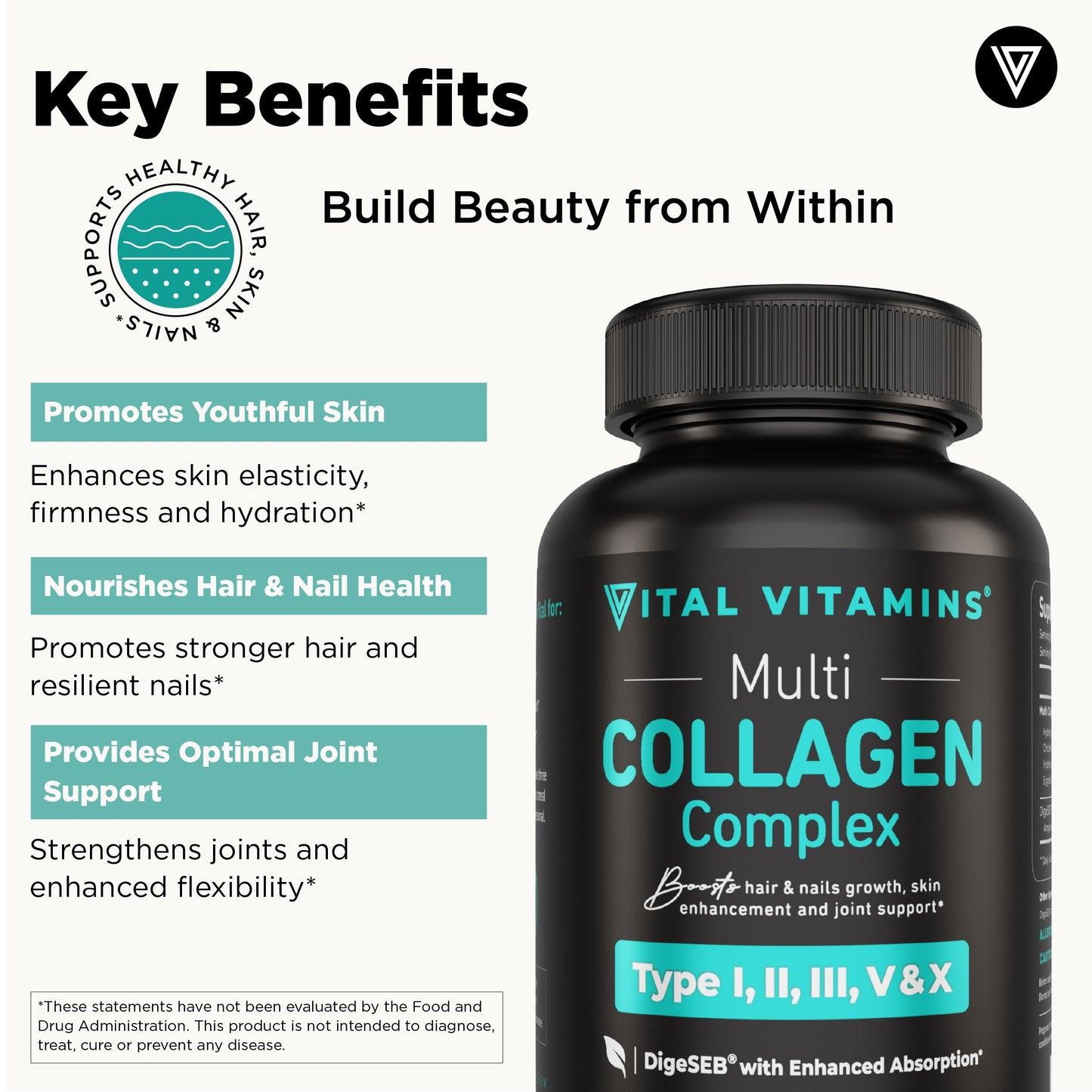 Vital Vitamins Multi Collagen - 5 Types I-V-X - Grass-Fed, 150 Capsules