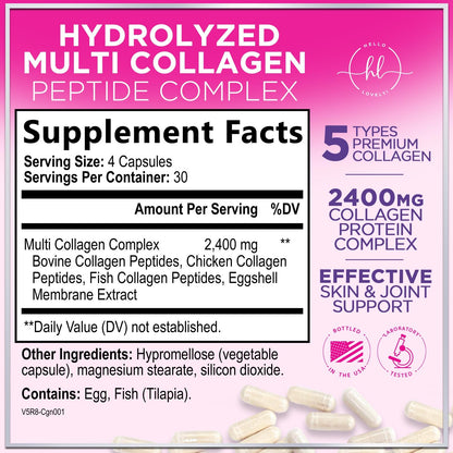 Multi Collagen 2400 mg - Types I, II, III, V & X | Hydrolyzed Collagen Capsules for Hair, Skin, Nails & Joints - 120 Capsules