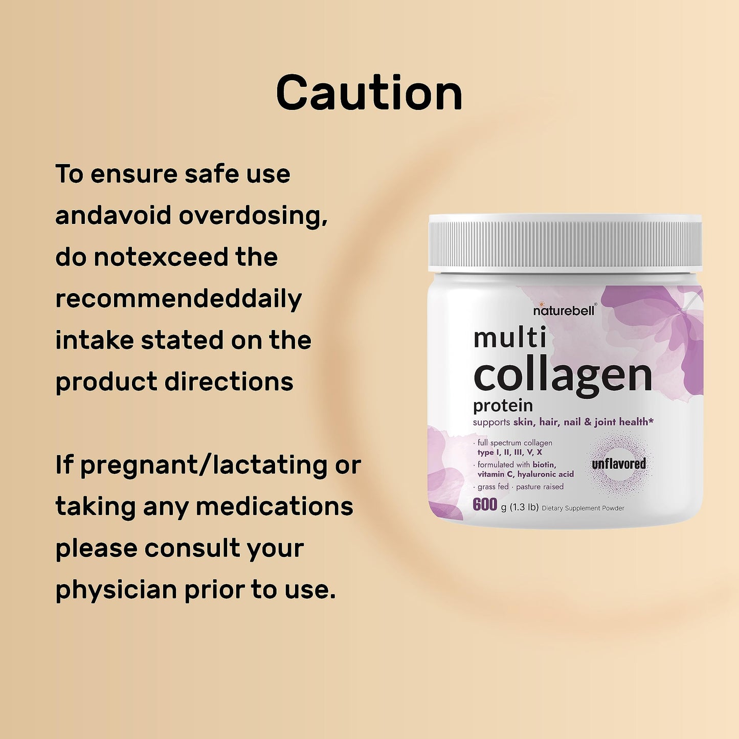 Multi Collagen Protein Powder 600g - 5 Types I/II/III/V/X, Biotin & Vitamin C