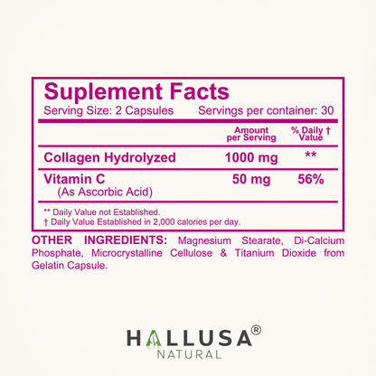 Hydrolyzed Collagen + Vitamin C 1000 mg – Skin, Hair & Joints | 60 Caps