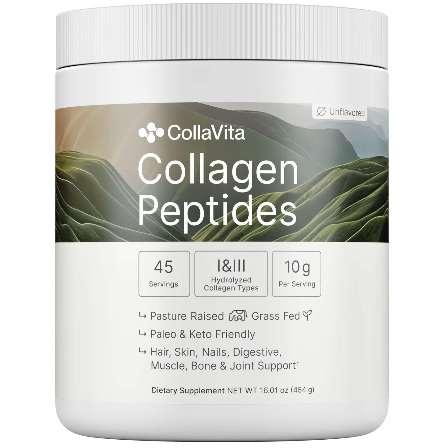 Colla Vita Grass-Fed Collagen Peptides Powder – Type I & III, Unflavored, 16 oz (45 Servings) – Hair, Skin, Nails & Joints