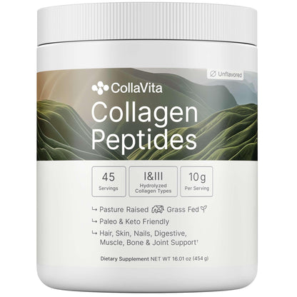 Colla Vita Grass-Fed Collagen Peptides Powder – Type I & III, Unflavored, 16 oz (45 Servings) – Hair, Skin, Nails & Joints