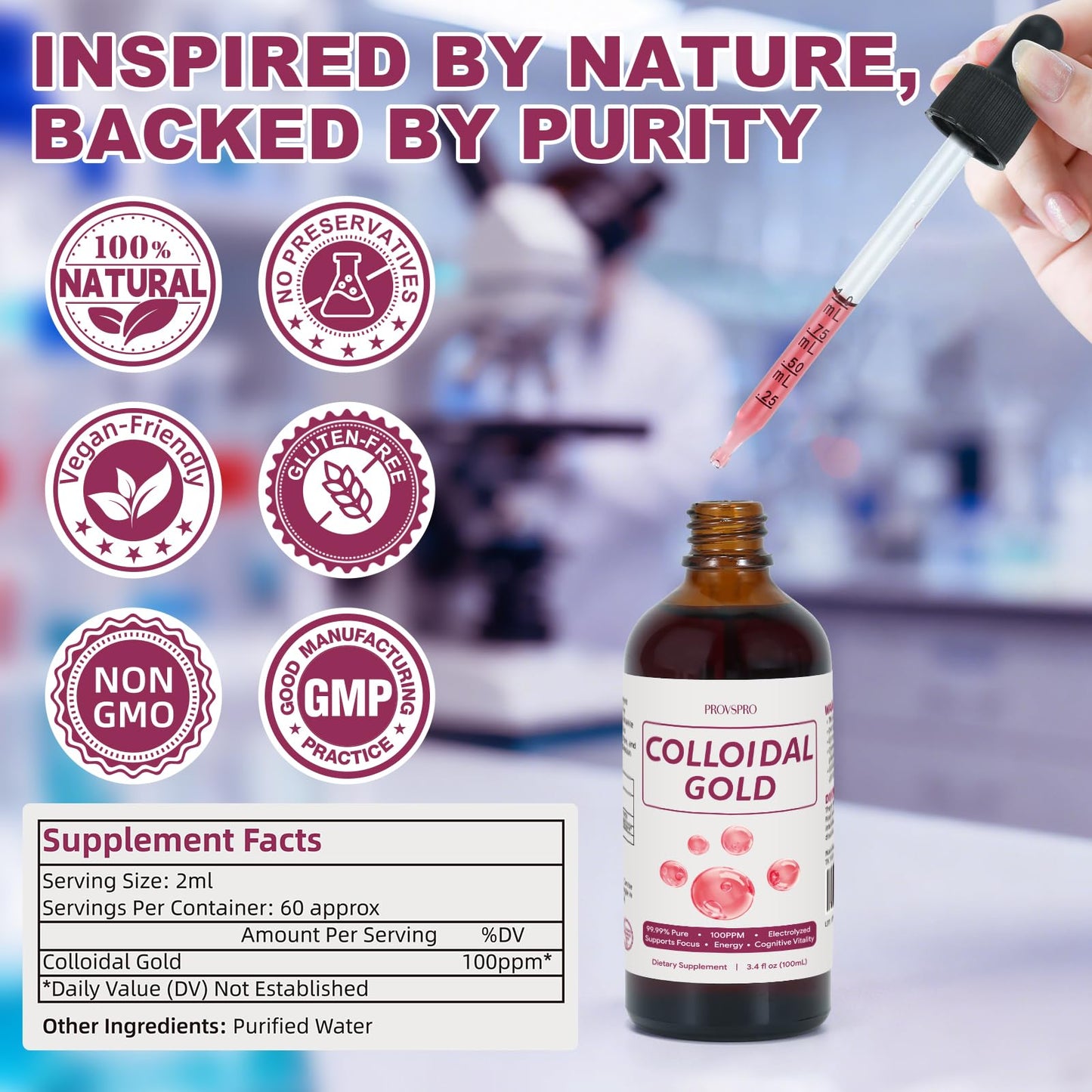 Colloidal Gold 100ppm – 24K Nano-Gold, Natural Electrolyte, 4 oz