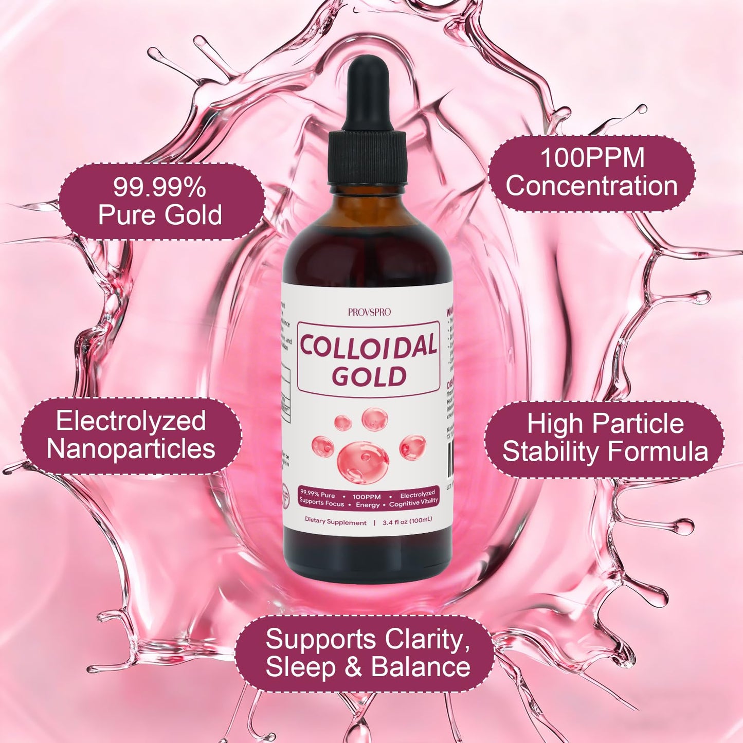 Colloidal Gold 100ppm – 24K Nano-Gold, Natural Electrolyte, 4 oz