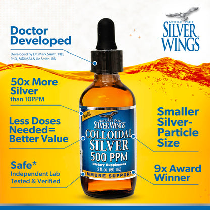 Natural Path Silver Wings Colloidal Silver - Extra Strength 500ppm Immune Support - 2oz Dropper