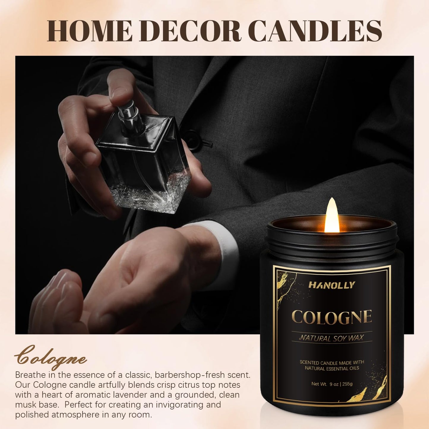 Cologne Candle - 9 oz Soy Wax Scented Candle for Men | Masculine Aromatherapy Gift