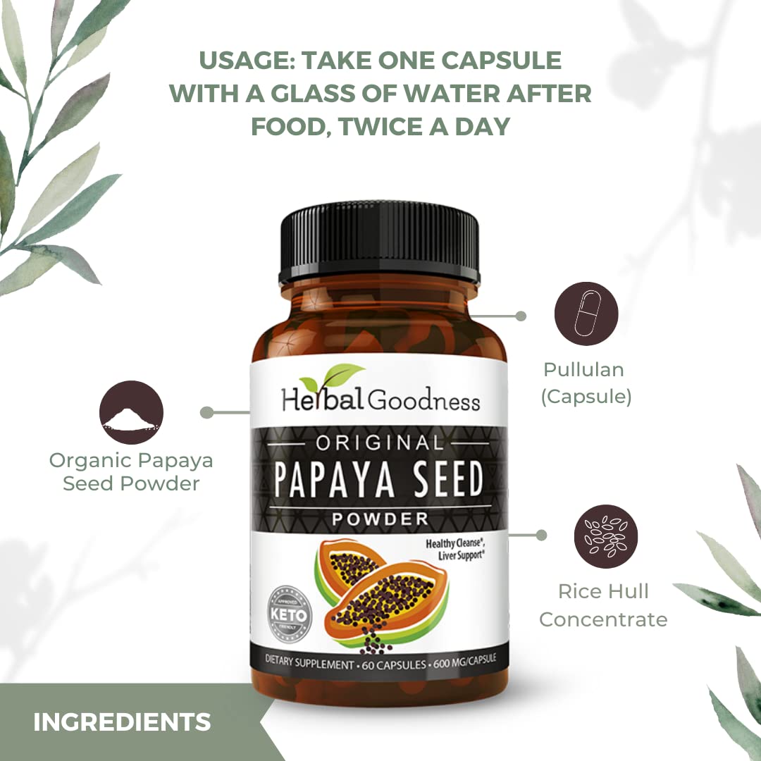 Herbal Goodness Papaya Seeds Powder Capsules – 600mg x 60, Organic Papain Enzymes for Digestion