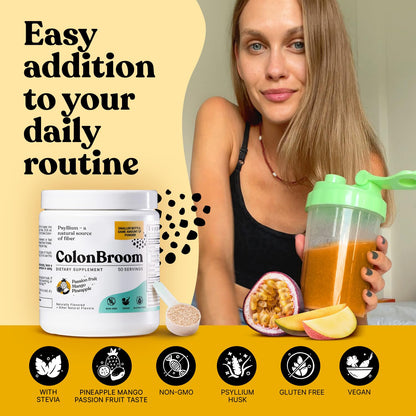 ColonBroom Psyllium Husk Powder with Stevia (Tropical Fruits) – Colon Cleanse & Digestive Fiber Powder – 150 Servings