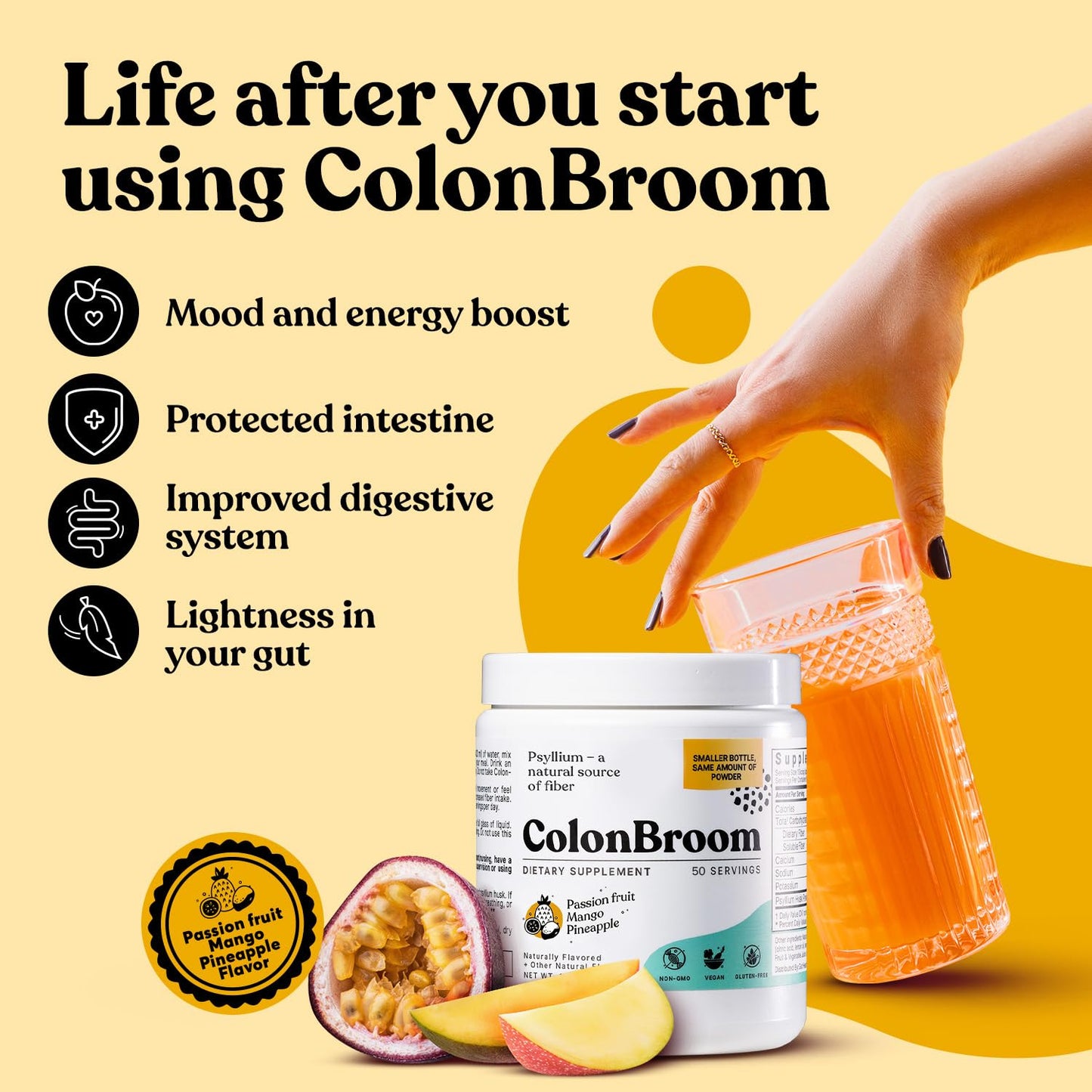 ColonBroom Psyllium Husk Powder with Stevia (Tropical Fruits) – Colon Cleanse & Digestive Fiber Powder – 150 Servings