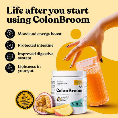 ColonBroom Psyllium Husk Powder with Stevia (Tropical Fruits) – Colon Cleanse & Digestive Fiber Powder – 150 Servings