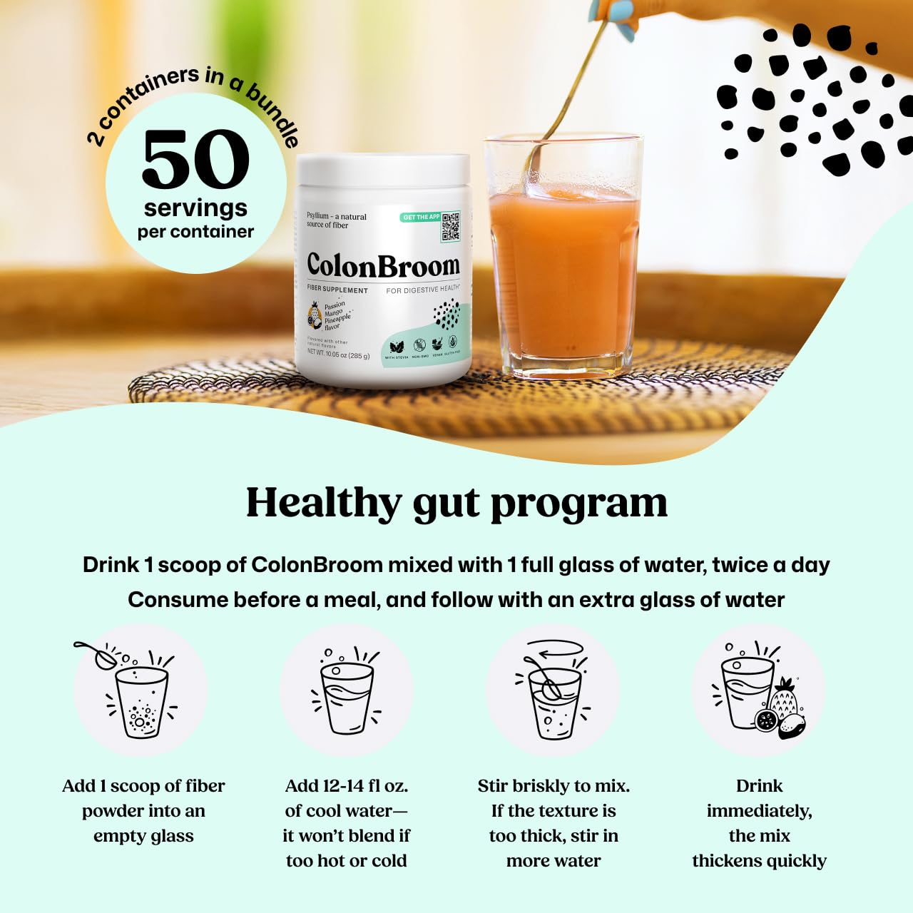 ColonBroom Psyllium Husk Powder - Bloating Relief & Digestive Health (2 Pack)