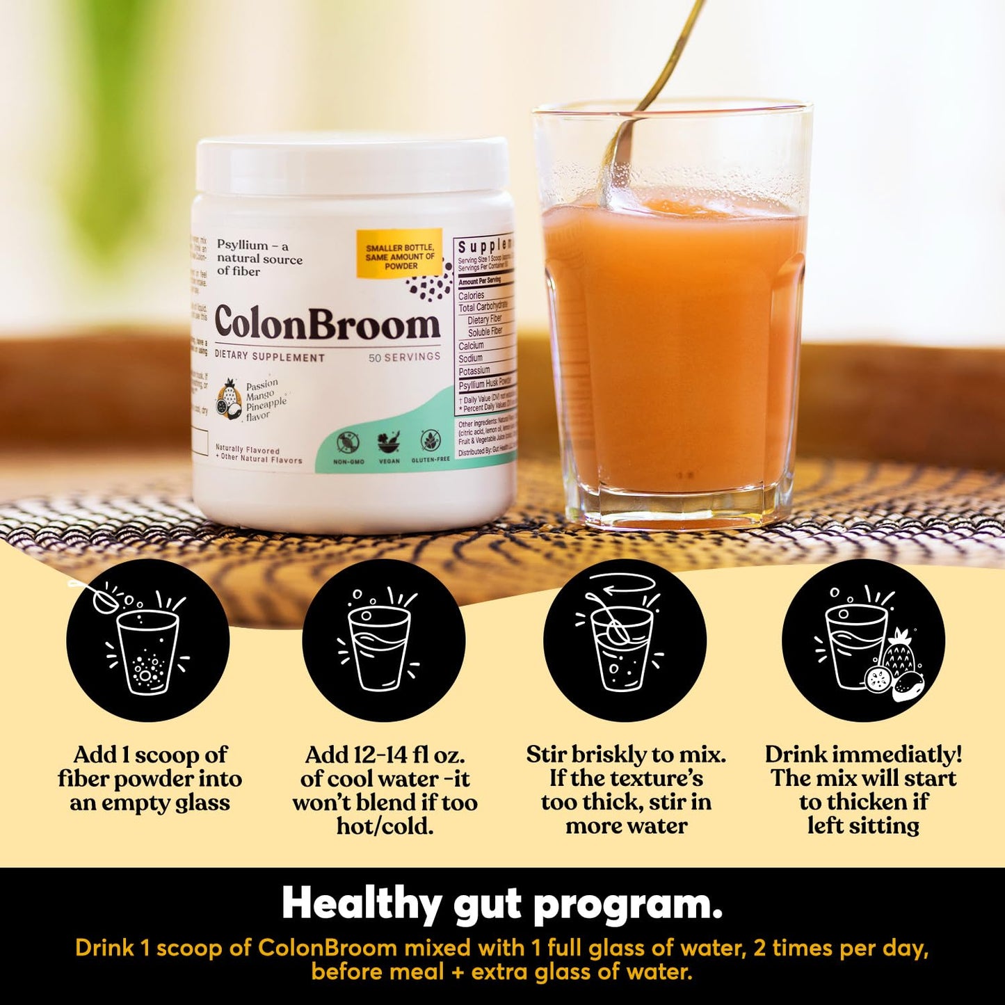 ColonBroom Psyllium Husk Powder with Stevia – Tropical Fruits Flavor, 100 Servings
