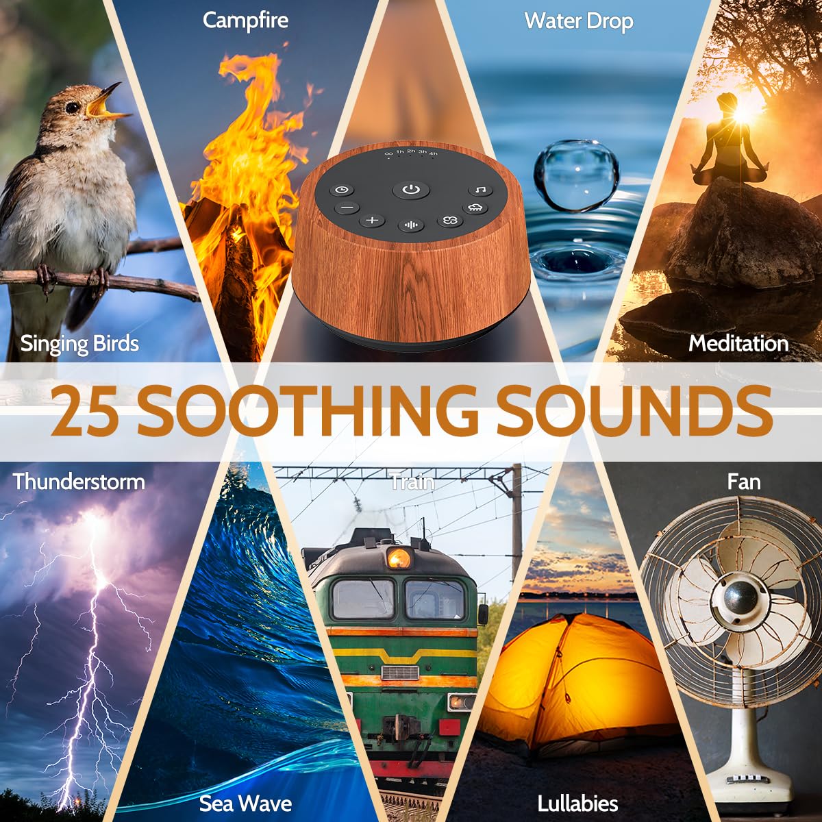 Color Noise Sleep White Noise Sound Machine – 25 Soothing Sounds, 32 Volume Levels, 5 Timers, Wood Finish