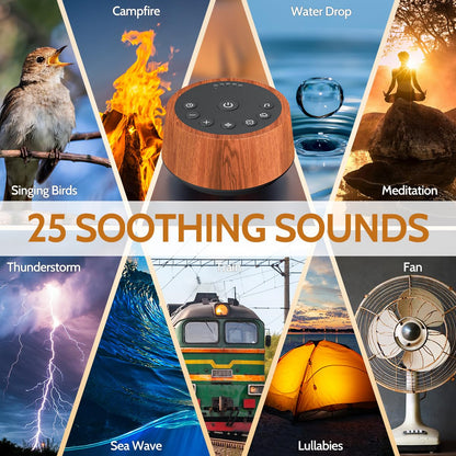 Color Noise Sleep White Noise Sound Machine – 25 Soothing Sounds, 32 Volume Levels, 5 Timers, Wood Finish